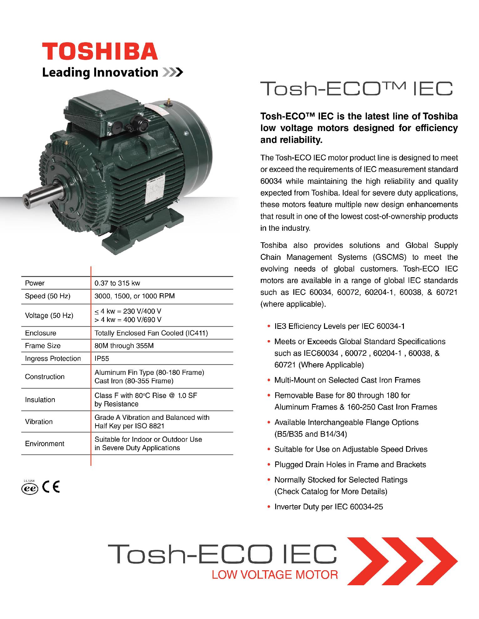 Синхронные электродвигатели Toshiba с полностью закрытым вентилятором и верхней коробкой клемм TEFC Tosh-ECO™ IEC Permanent Magnet Motor 
